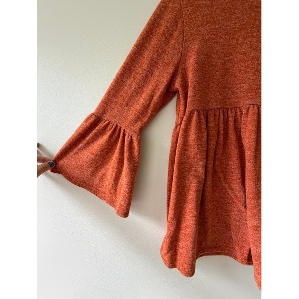Boho Fall Ces Femme Babydoll Top L Orange Heathered Bell Sleeve Empire Waist - Picture 4 of 6